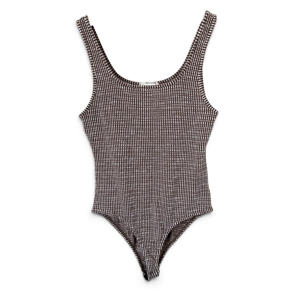 Caution to the Wind Brown White Grid Textured Sleeveless Bodysuit Large Basic